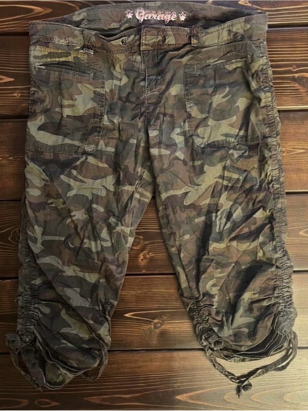 Y2K Garage Camo Ruched Capris Cargo Pants with Drawstring Ties | medium